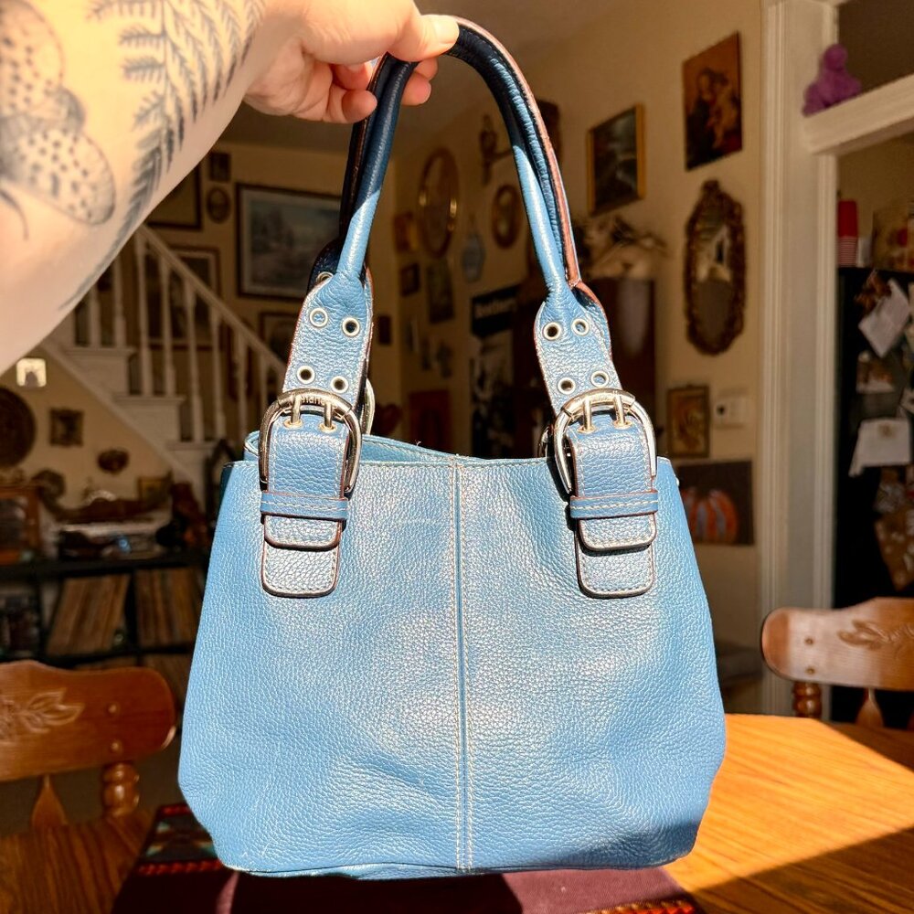 Vintage Tignanello Heavy Sturdy Light Blue Leather Handbag